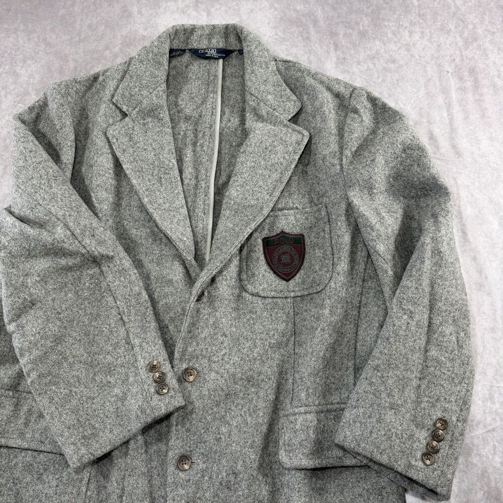 VTG 80s Polo Ralph Lauren Gray Wool Prep Crest Sportcoat Blazer Jacket L USA - Picture 3 of 16